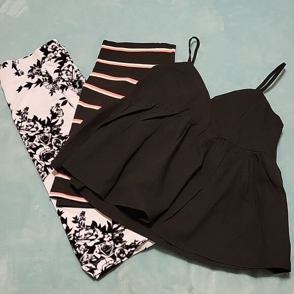 Black Halter top, black striped mini skirt & black & white midi BUNDLE - Picture 1 of 12